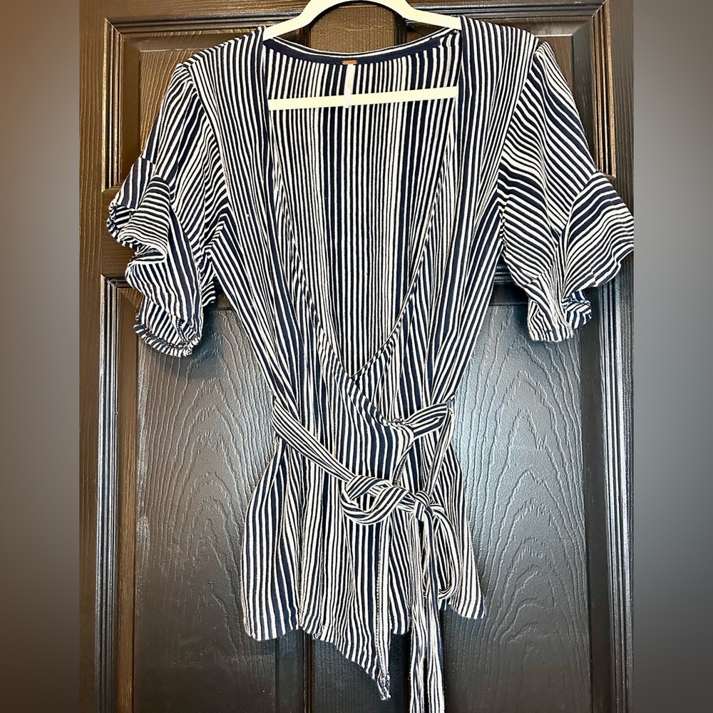Free People White and black striped ruffle Sleeve Wrap Blouse size small
